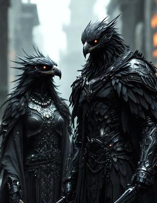 The primary subject of the image is a man and a woman dressed in black, wearing bird-like costumes. They are standing next to each other, possibly in a dark or mysterious setting. The visual style of the image appears to be a combination of photo and digital art, creating a unique and intriguing atmosphere. The colors in the image are predominantly black, which adds to the overall mood of the scene.